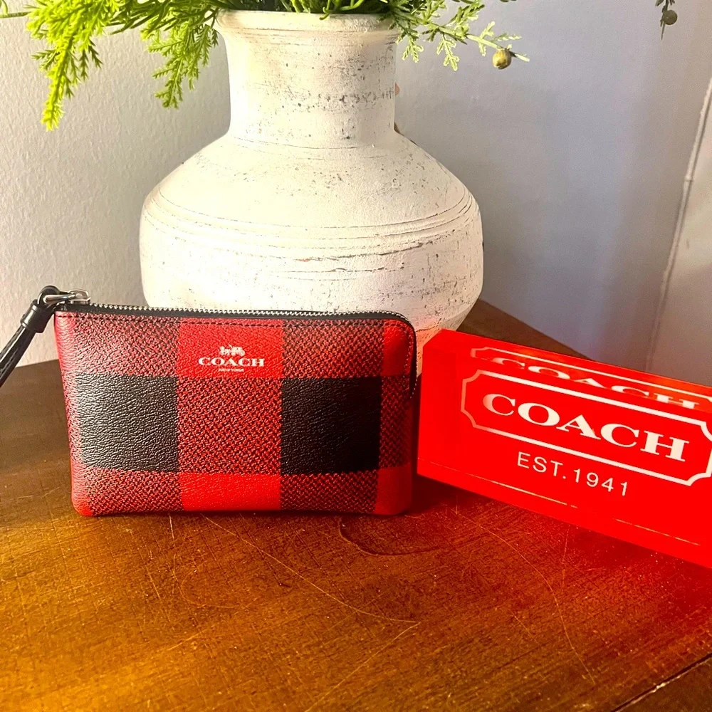 COACH Buffalo Plaid Corner Zip Wristlet